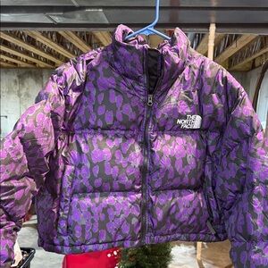 The North Face Purple Animal Print Crop Puffer Jacket